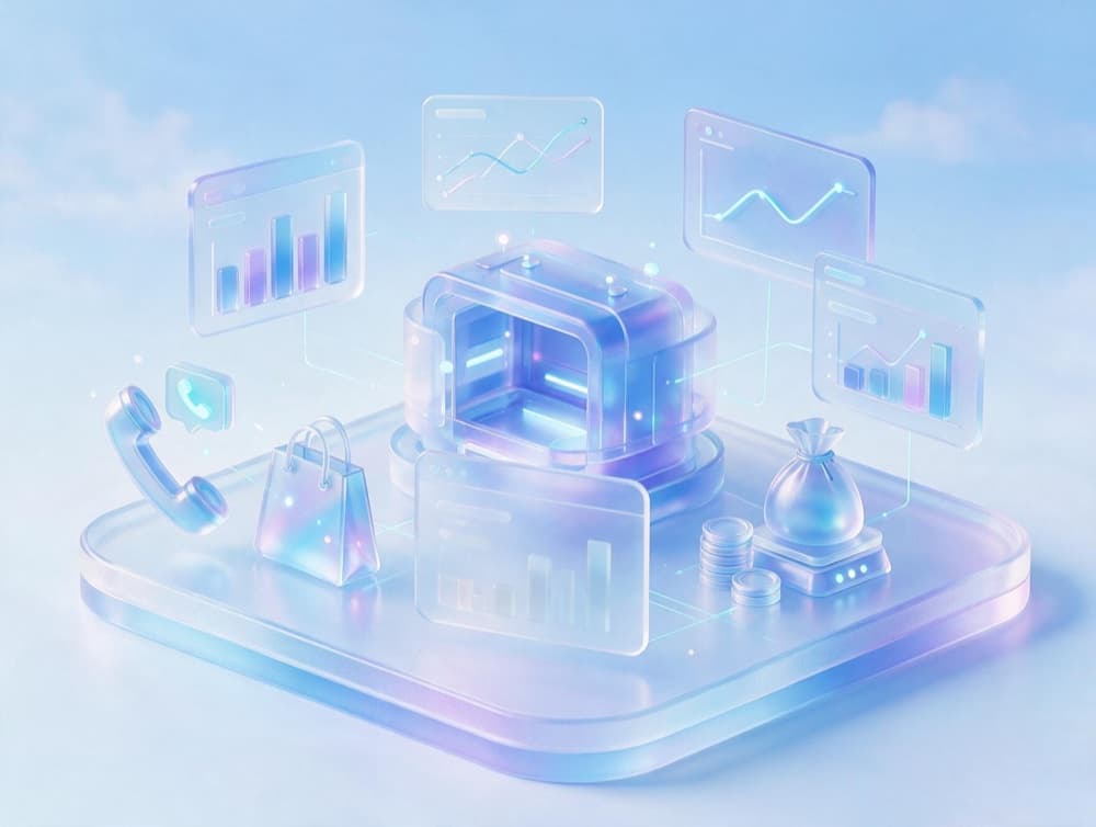 Analytics dashboard surrounded by charts, a phone, a shopping bag and coins