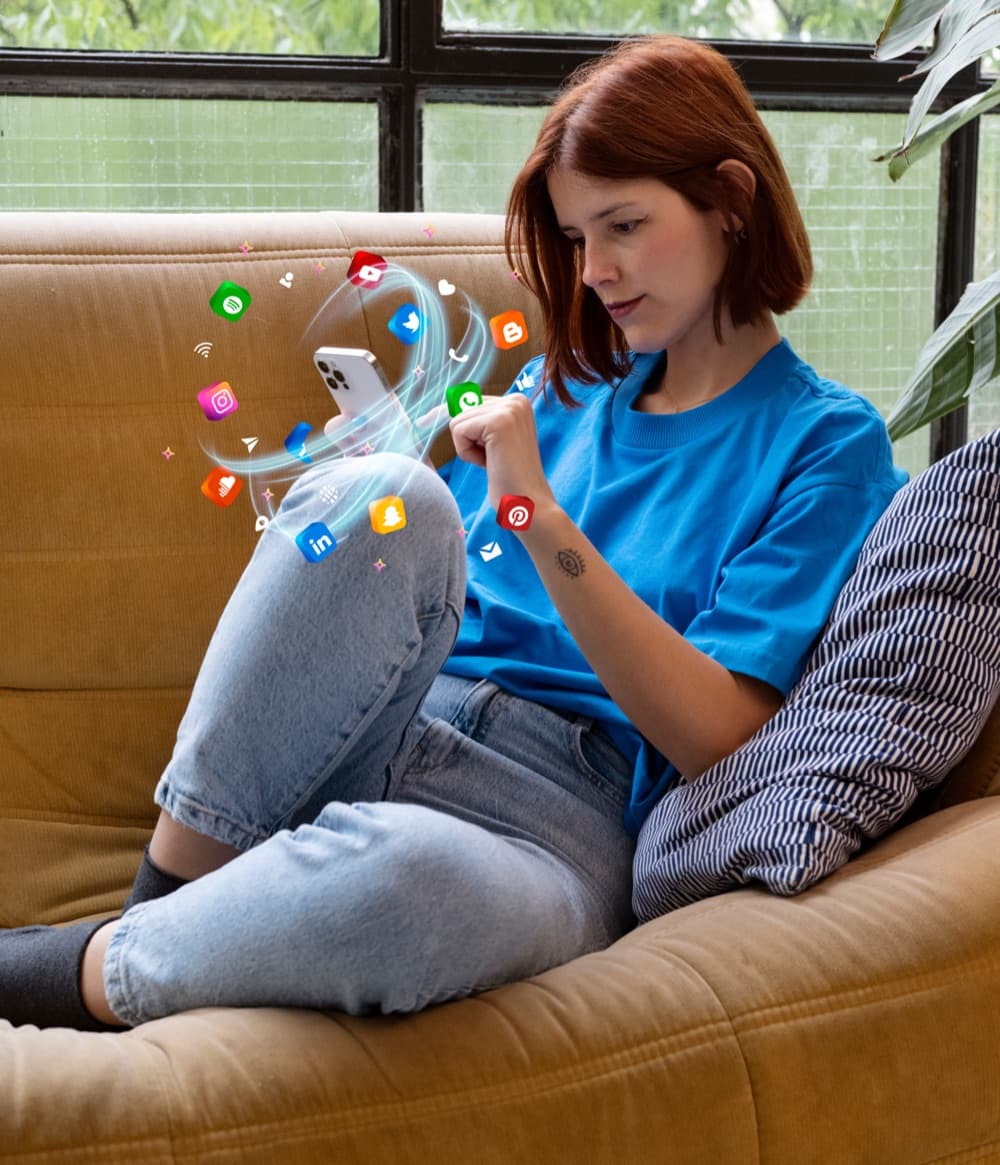 Woman on a sofa scrolling her phone, with social app icons floating around it